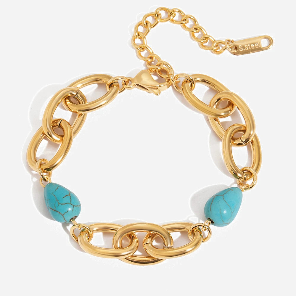 Bracelet Turquoise Rétro – Acier Inoxydable Plaqué Or 18K