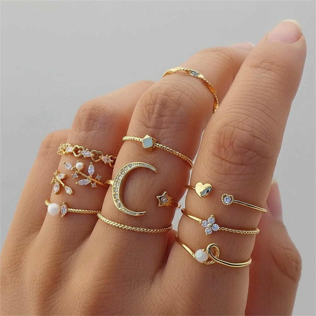 Set 10 Bagues Bohème Dorées