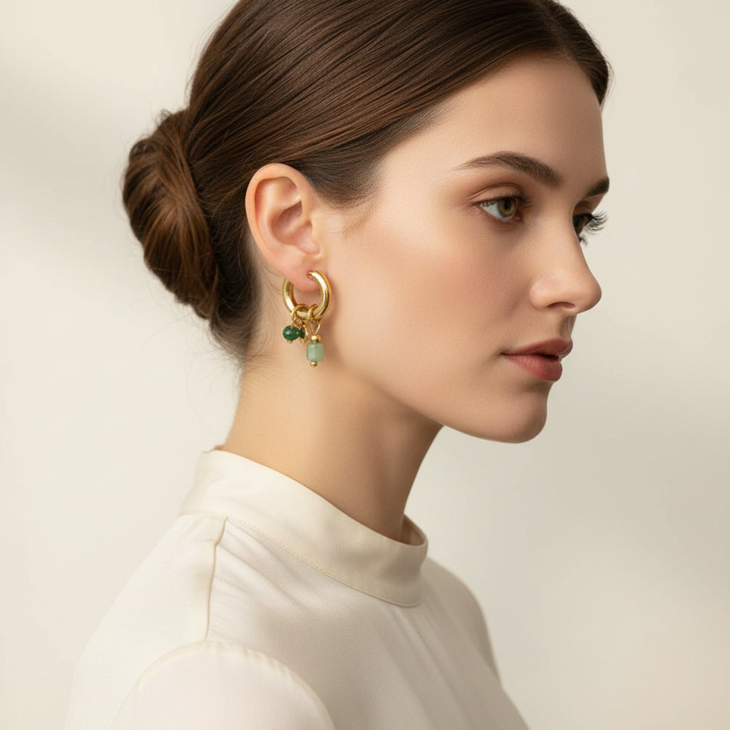 Boucles d’Oreilles Créoles – acier inoxydable & Pierre Verte